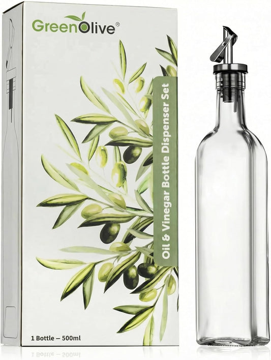 Olive Oil Dispenser Bottle - 17 oz. Clear Glass Bottle with No-Drip BPA-Free Spout - Ideal for Kitchen and Cooking Essentials - Single Bottle