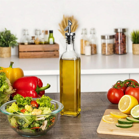 Olive Oil Dispenser Bottle - 17 oz. Clear Glass Bottle with No-Drip BPA-Free Spout - Ideal for Kitchen and Cooking Essentials - Single Bottle