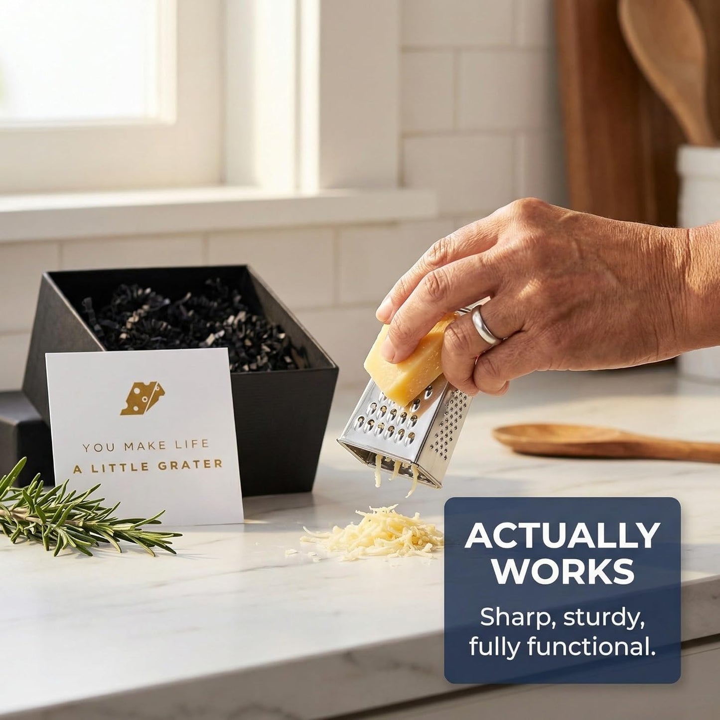 Mini Cheese Grater Gift Set - Funny Chef Gift, Friends, Coworkers, or Foodies | “You Make Life a Little Grater” Card, Mini Grater & Gift Box | Stainless Steel Small Grater Kitchen Tool