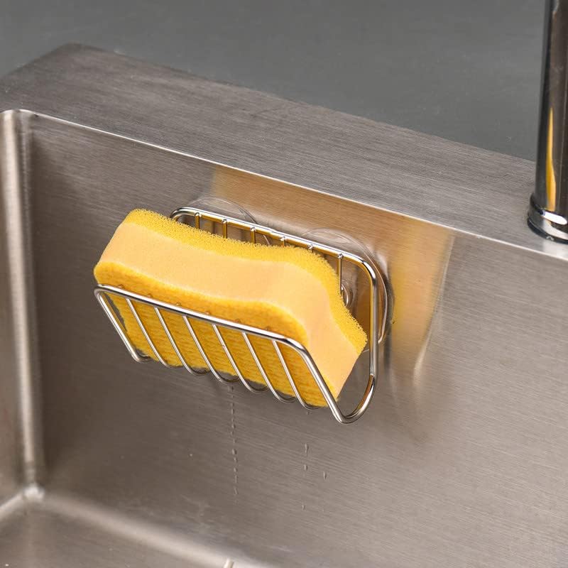 Sponge Holder for Kitchen Sink, Stainless Steel Suction Cup Sponge Caddy - Silver