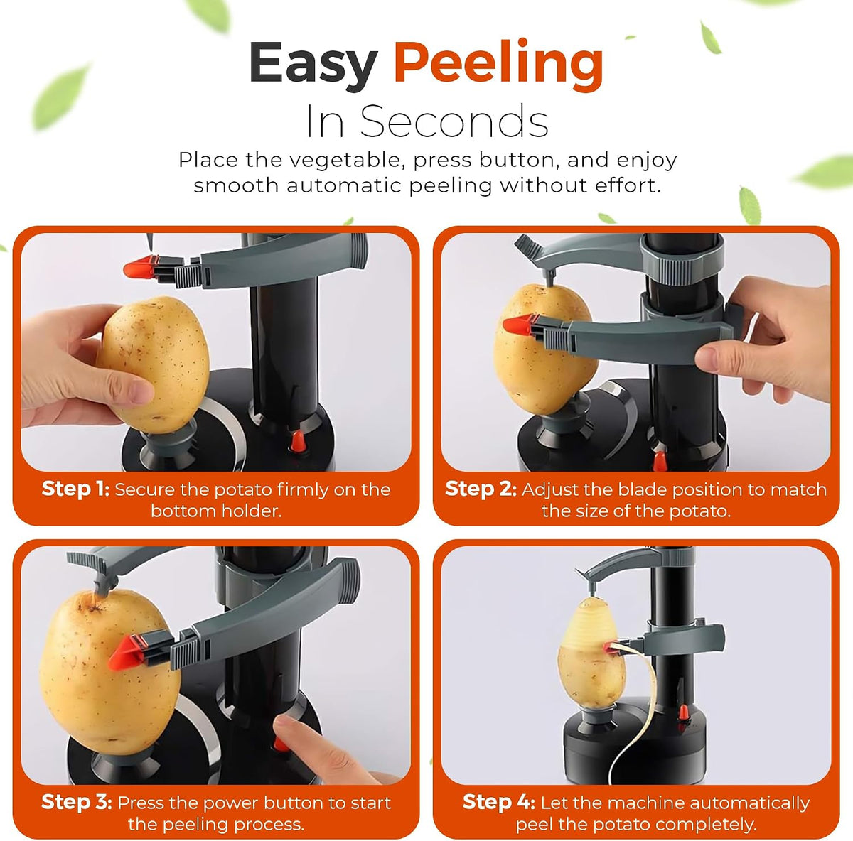 Electric Potato Peeler with 13 Blades, Automatic Rotating Vegetable & Fruit Peeler Machine, Hands-Free Peeler for Potatoes, Apples & More Kitchen Gadgets (Black)