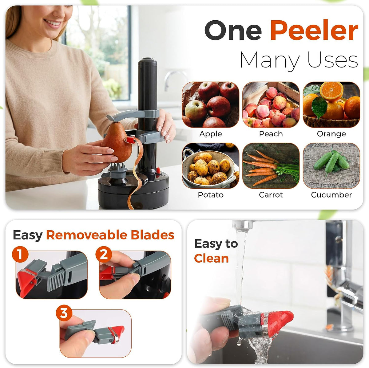 Electric Potato Peeler with 13 Blades, Automatic Rotating Vegetable & Fruit Peeler Machine, Hands-Free Peeler for Potatoes, Apples & More Kitchen Gadgets (Black)