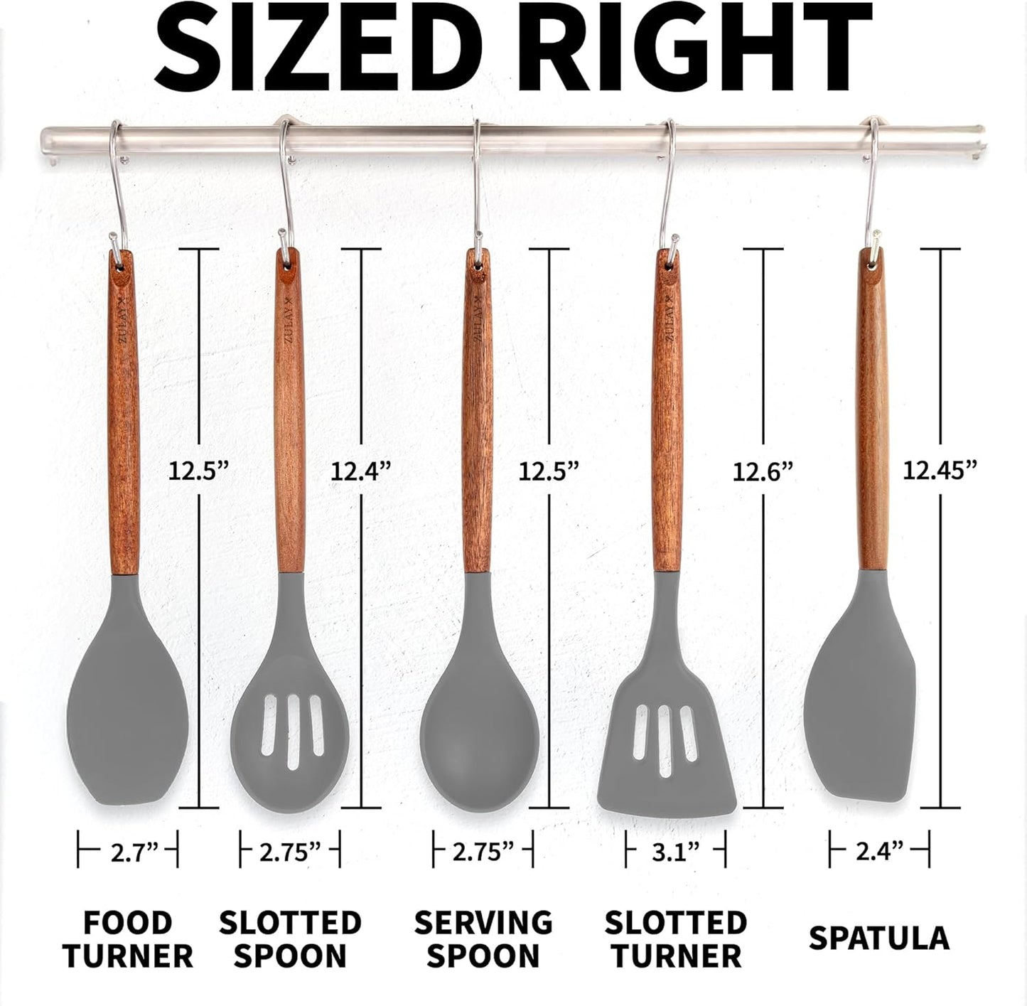 Utensils Set Non-Stick Silicone Cooking Utensils Set with Authentic Acacia Wood Handles - 5 Piece Silicone Utensil Set - Kitchen Utensils Set with 464°F Heat Resistance - Gray