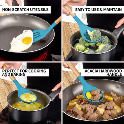 Utensils Set Non-Stick Silicone Cooking Utensils Set with Authentic Acacia Wood Handles - 5 Piece Silicone Utensil Set - Kitchen Utensils Set with 464°F Heat Resistance - Gray