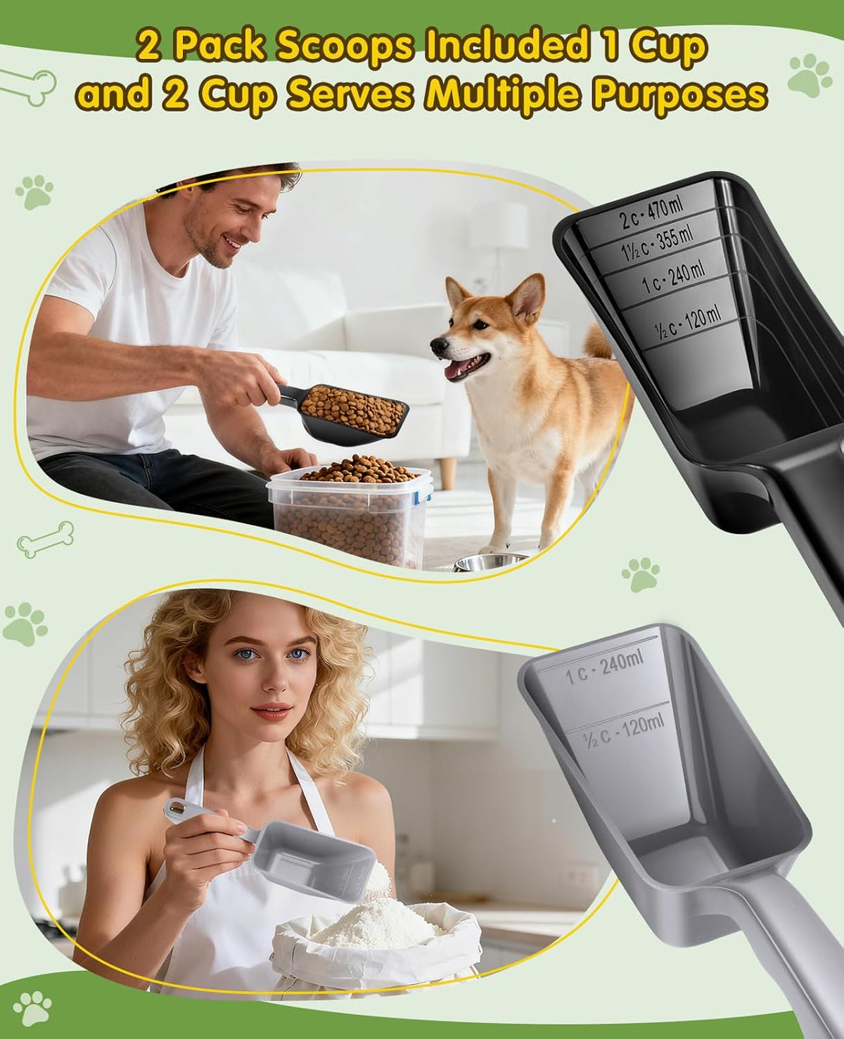 2 Pack Dog Food Scoop with 1 Cup and 2 Cup Capacity, Plastic Pet Food Measuring Scoops with Clear Measurement Lines for Dogs, Cats & More,Dishwasher safe (Grey and Black)