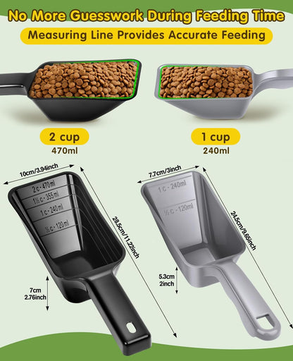 2 Pack Dog Food Scoop with 1 Cup and 2 Cup Capacity, Plastic Pet Food Measuring Scoops with Clear Measurement Lines for Dogs, Cats & More,Dishwasher safe (Grey and Black)