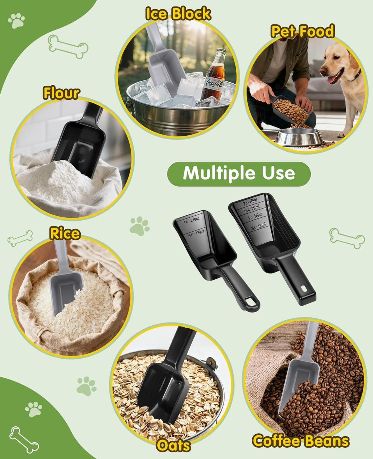 2 Pack Dog Food Scoop with 1 Cup and 2 Cup Capacity, Plastic Pet Food Measuring Scoops with Clear Measurement Lines for Dogs, Cats & More,Dishwasher safe (Grey and Black)