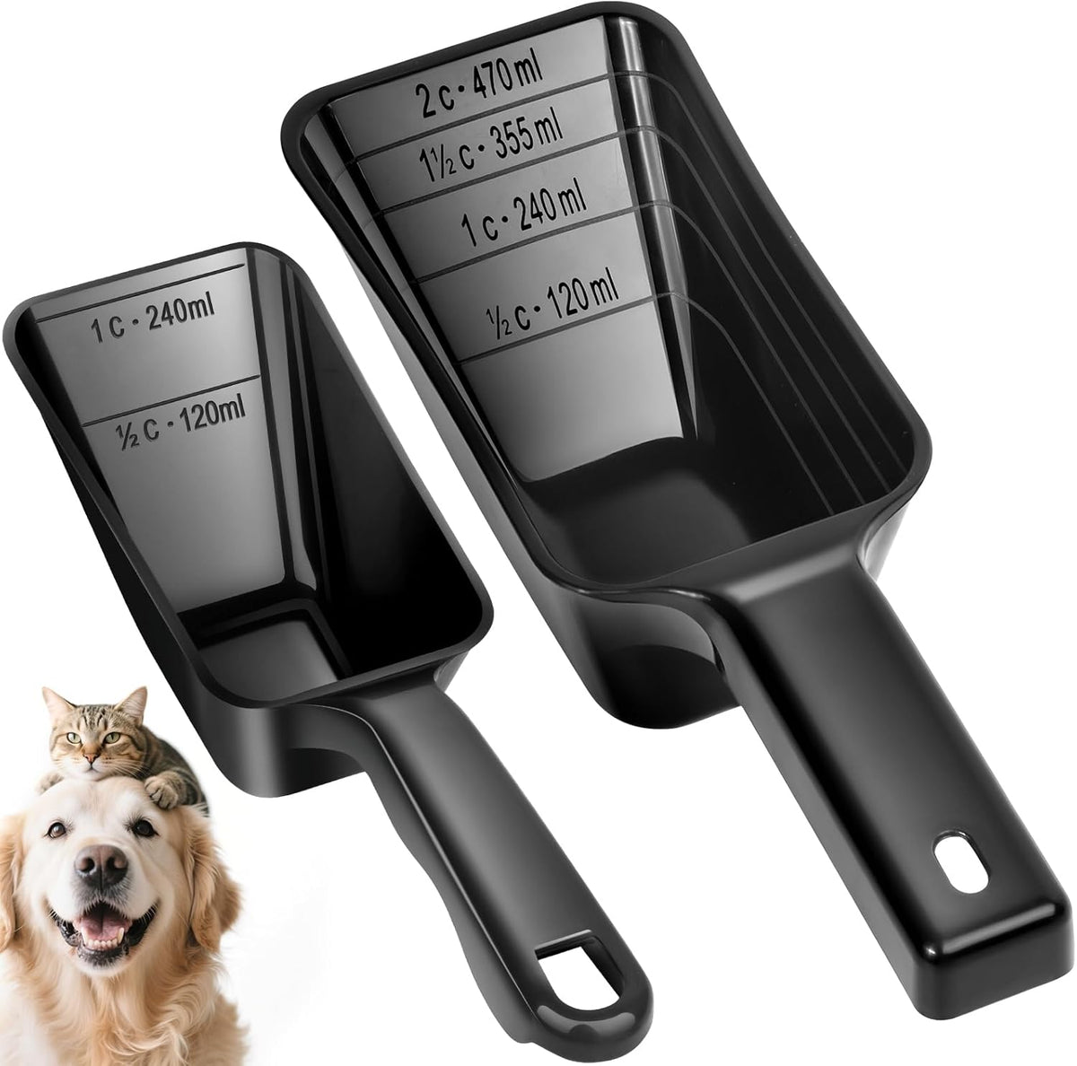 2 Pack Dog Food Scoop with 1 Cup and 2 Cup Capacity, Plastic Pet Food Measuring Scoops with Clear Measurement Lines for Dogs, Cats & More,Dishwasher safe (Grey and Black)