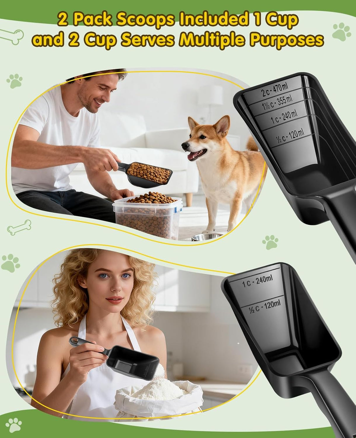 2 Pack Dog Food Scoop with 1 Cup and 2 Cup Capacity, Plastic Pet Food Measuring Scoops with Clear Measurement Lines for Dogs, Cats & More,Dishwasher safe (Grey and Black)