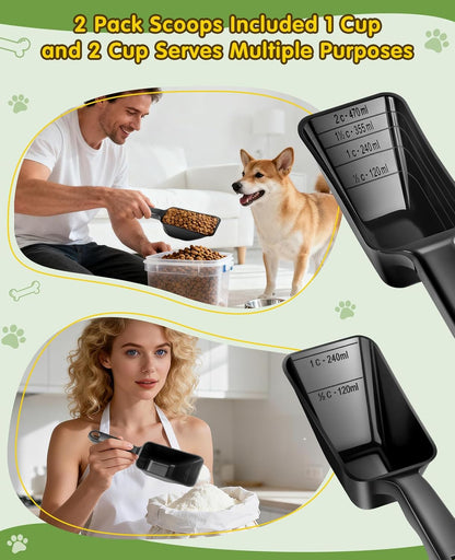 2 Pack Dog Food Scoop with 1 Cup and 2 Cup Capacity, Plastic Pet Food Measuring Scoops with Clear Measurement Lines for Dogs, Cats & More,Dishwasher safe (Grey and Black)