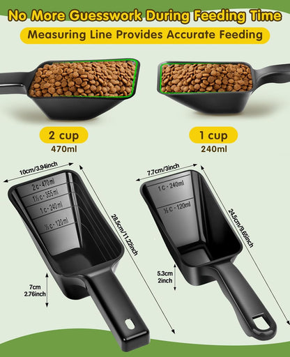 2 Pack Dog Food Scoop with 1 Cup and 2 Cup Capacity, Plastic Pet Food Measuring Scoops with Clear Measurement Lines for Dogs, Cats & More,Dishwasher safe (Grey and Black)