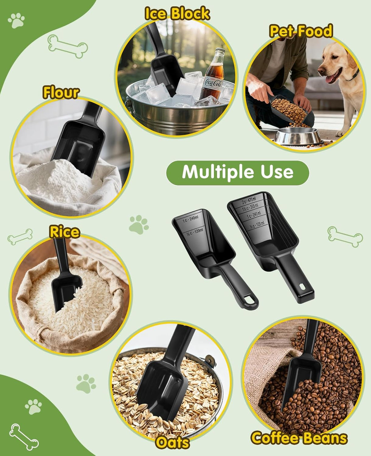 2 Pack Dog Food Scoop with 1 Cup and 2 Cup Capacity, Plastic Pet Food Measuring Scoops with Clear Measurement Lines for Dogs, Cats & More,Dishwasher safe (Grey and Black)