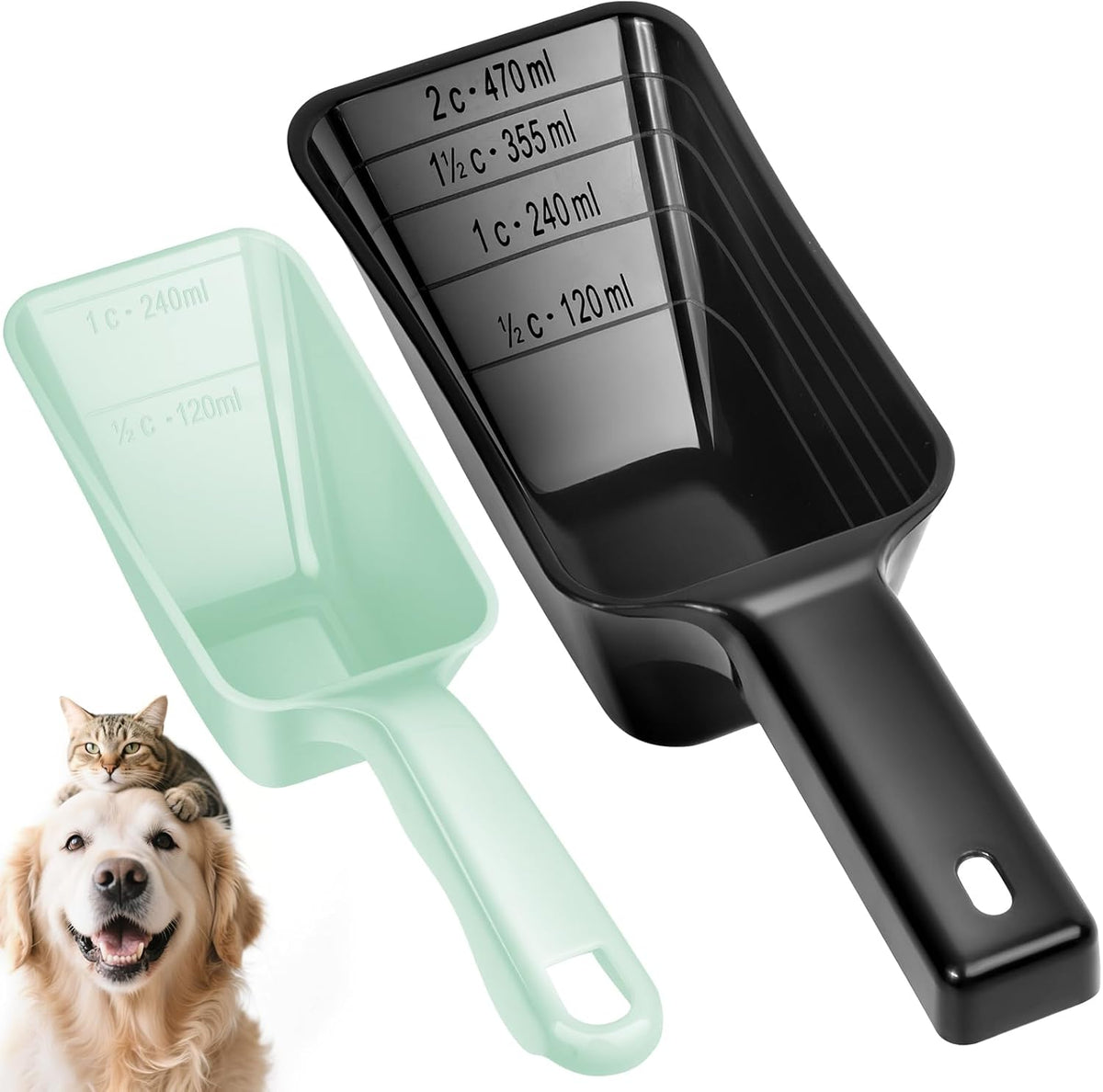 2 Pack Dog Food Scoop with 1 Cup and 2 Cup Capacity, Plastic Pet Food Measuring Scoops with Clear Measurement Lines for Dogs, Cats & More,Dishwasher safe (Grey and Black)