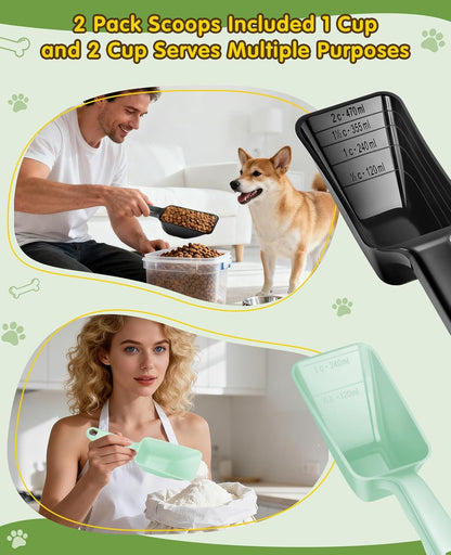 2 Pack Dog Food Scoop with 1 Cup and 2 Cup Capacity, Plastic Pet Food Measuring Scoops with Clear Measurement Lines for Dogs, Cats & More,Dishwasher safe (Grey and Black)