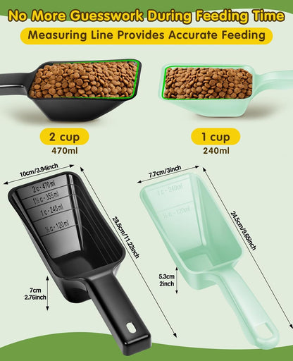 2 Pack Dog Food Scoop with 1 Cup and 2 Cup Capacity, Plastic Pet Food Measuring Scoops with Clear Measurement Lines for Dogs, Cats & More,Dishwasher safe (Grey and Black)