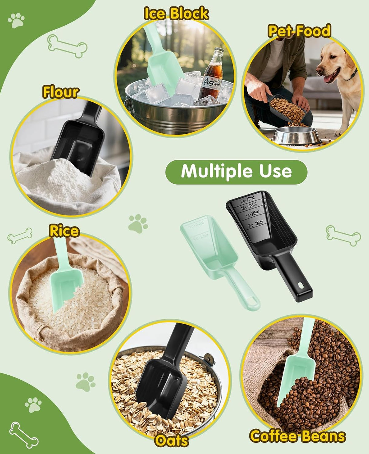 2 Pack Dog Food Scoop with 1 Cup and 2 Cup Capacity, Plastic Pet Food Measuring Scoops with Clear Measurement Lines for Dogs, Cats & More,Dishwasher safe (Grey and Black)