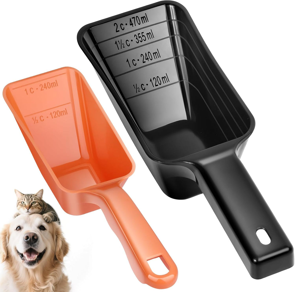 2 Pack Dog Food Scoop with 1 Cup and 2 Cup Capacity, Plastic Pet Food Measuring Scoops with Clear Measurement Lines for Dogs, Cats & More,Dishwasher safe (Grey and Black)