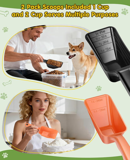 2 Pack Dog Food Scoop with 1 Cup and 2 Cup Capacity, Plastic Pet Food Measuring Scoops with Clear Measurement Lines for Dogs, Cats & More,Dishwasher safe (Grey and Black)