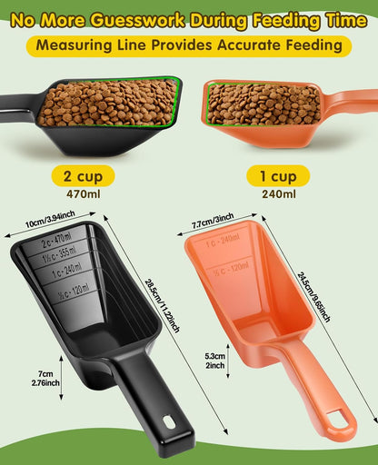 2 Pack Dog Food Scoop with 1 Cup and 2 Cup Capacity, Plastic Pet Food Measuring Scoops with Clear Measurement Lines for Dogs, Cats & More,Dishwasher safe (Grey and Black)
