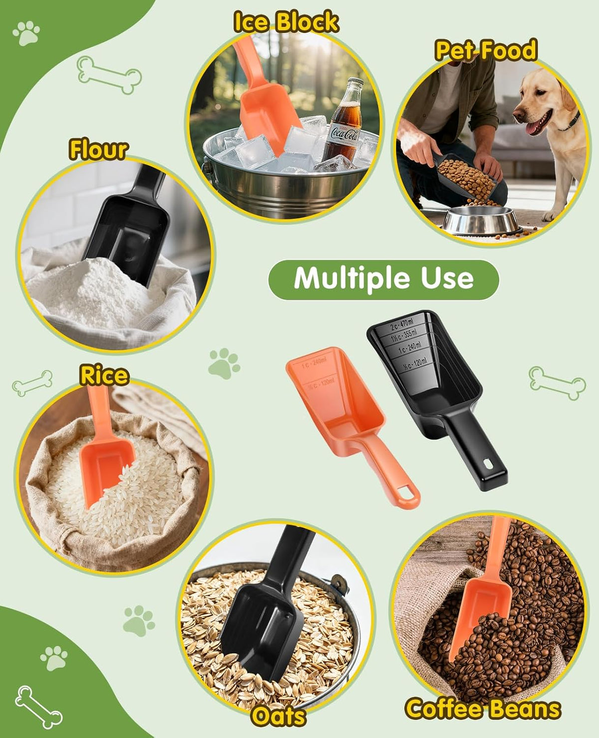 2 Pack Dog Food Scoop with 1 Cup and 2 Cup Capacity, Plastic Pet Food Measuring Scoops with Clear Measurement Lines for Dogs, Cats & More,Dishwasher safe (Grey and Black)