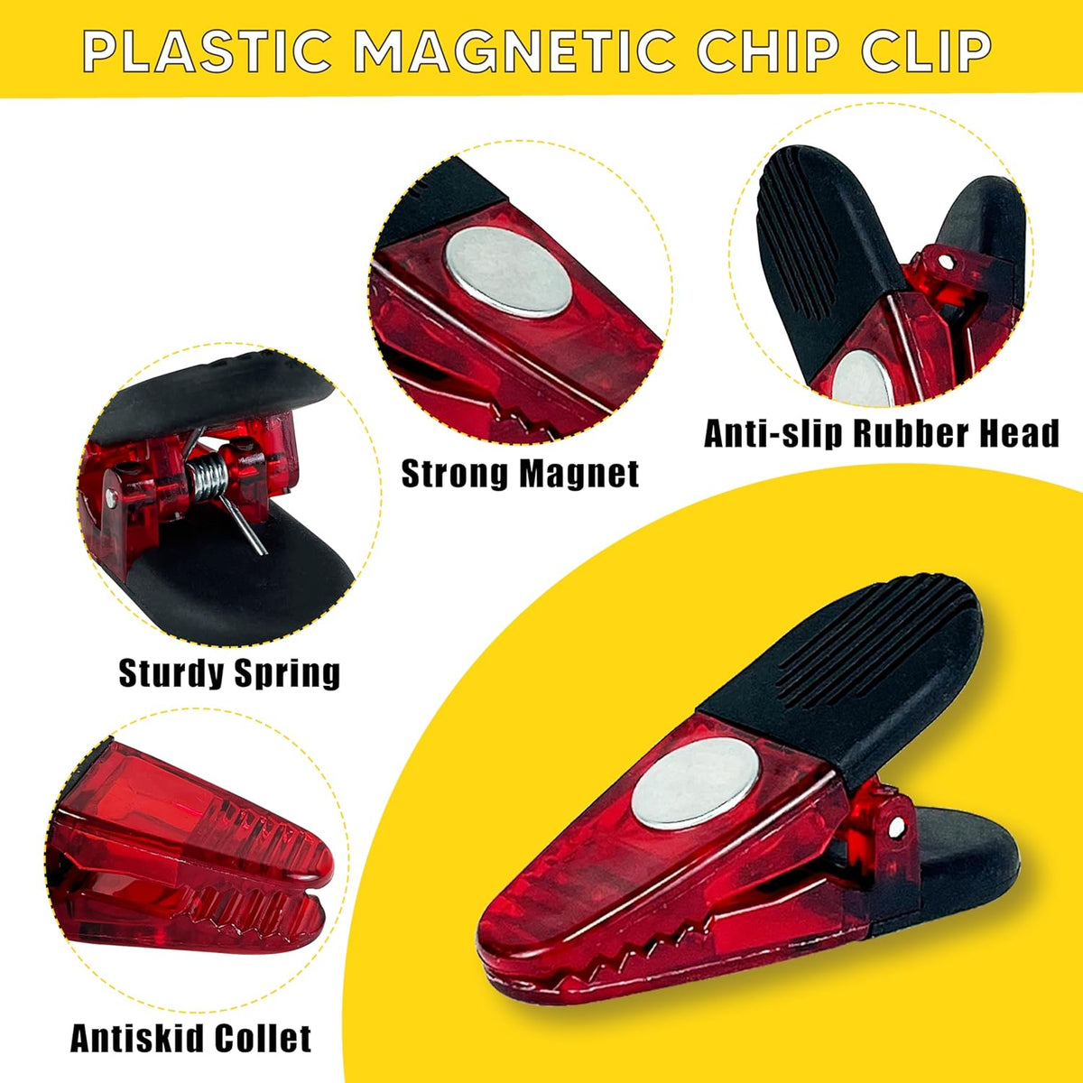 Magnetic Chip Clips 8 Pack - Heavy Duty Refrigerator Magnet Clip for Food Bags, Chip Bag Clips with Strong Grip, Non-Slip Rubber Teeth, Durable Plastic&Powerful Spring, Fridge Magnet Clip