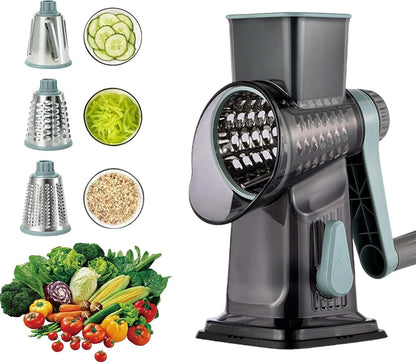 Rotary Cheese Grater Shredder Slicer - 3-in-1 Handheld Crank with Food Pusher for Hard Cheese, Vegetables, Chocolate - Ergonomic Hand Crank, Dishwasher Safe Gray Cyan
