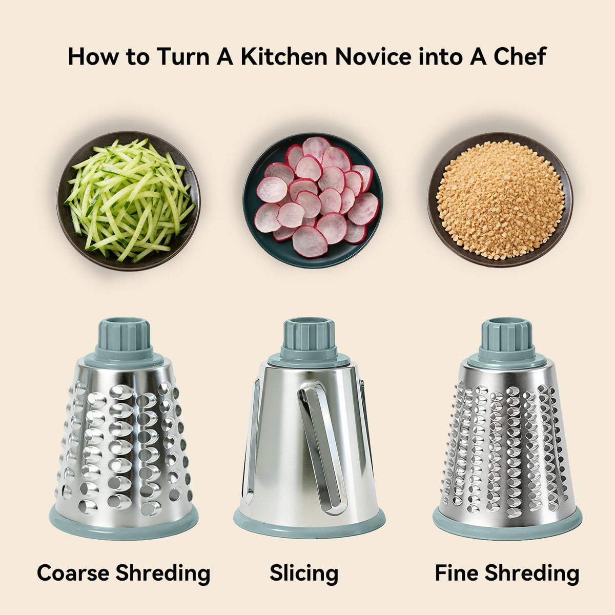 Rotary Cheese Grater Shredder Slicer - 3-in-1 Handheld Crank with Food Pusher for Hard Cheese, Vegetables, Chocolate - Ergonomic Hand Crank, Dishwasher Safe Gray Cyan