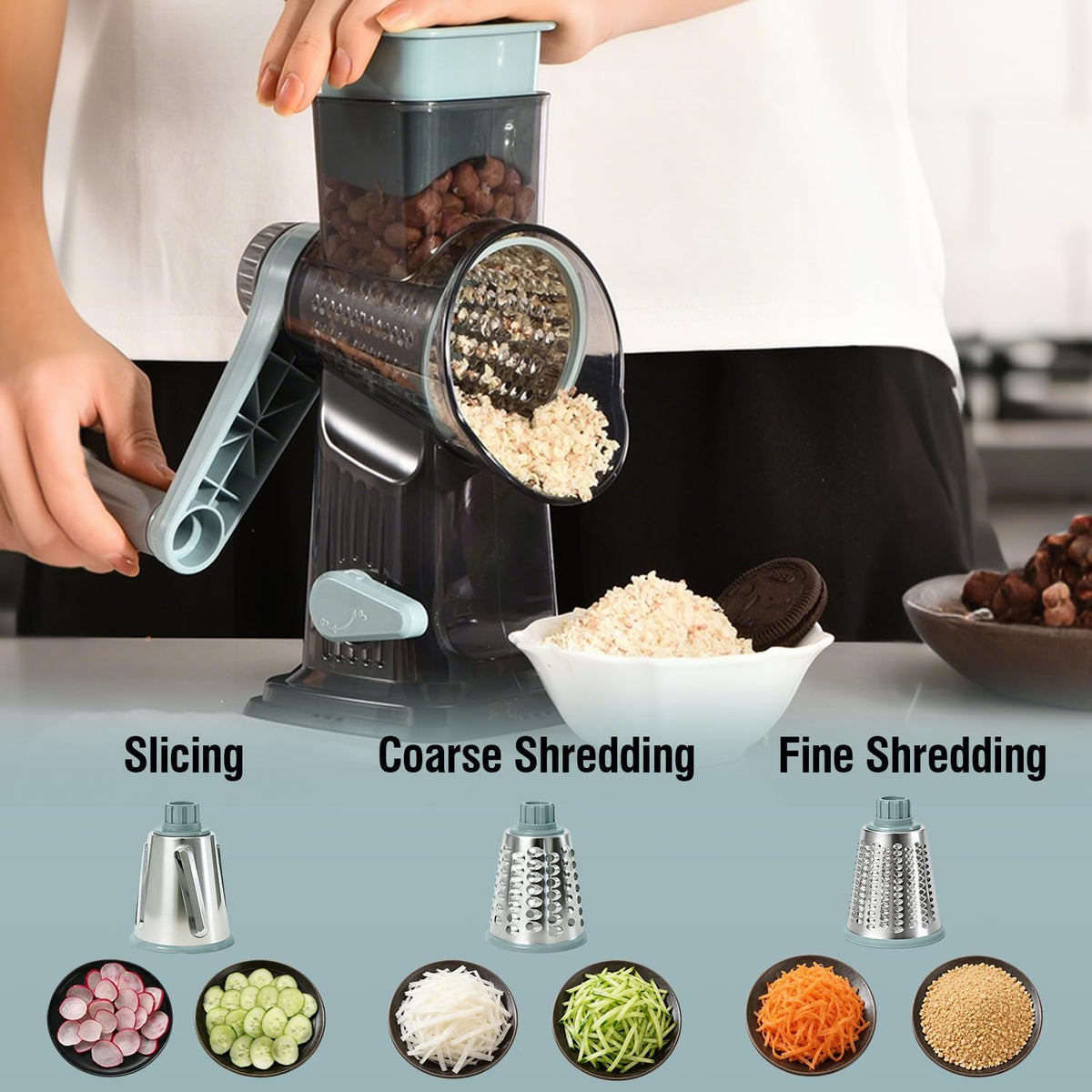 Rotary Cheese Grater Shredder Slicer - 3-in-1 Handheld Crank with Food Pusher for Hard Cheese, Vegetables, Chocolate - Ergonomic Hand Crank, Dishwasher Safe Gray Cyan