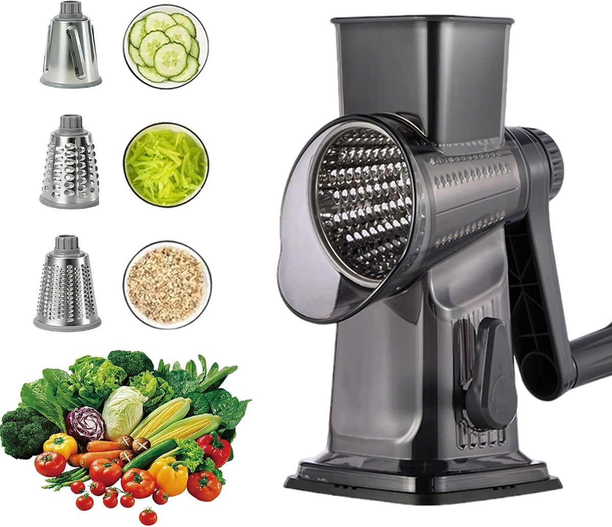 Rotary Cheese Grater Shredder Slicer - 3-in-1 Handheld Crank with Food Pusher for Hard Cheese, Vegetables, Chocolate - Ergonomic Hand Crank, Dishwasher Safe Gray Cyan