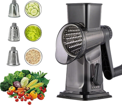 Rotary Cheese Grater Shredder Slicer - 3-in-1 Handheld Crank with Food Pusher for Hard Cheese, Vegetables, Chocolate - Ergonomic Hand Crank, Dishwasher Safe Gray Cyan
