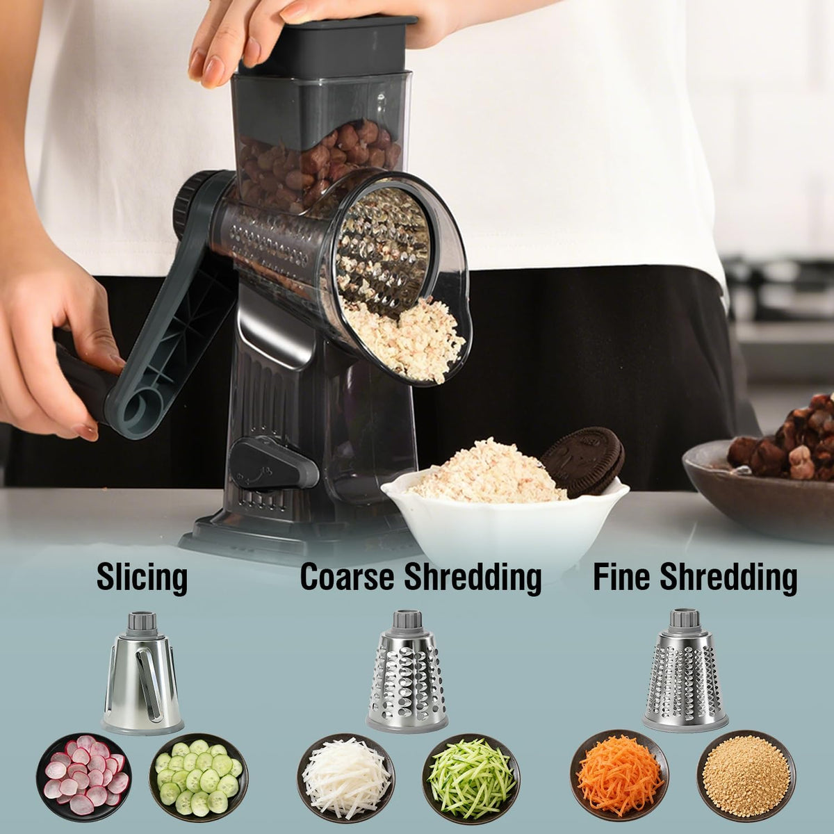 Rotary Cheese Grater Shredder Slicer - 3-in-1 Handheld Crank with Food Pusher for Hard Cheese, Vegetables, Chocolate - Ergonomic Hand Crank, Dishwasher Safe Gray Cyan