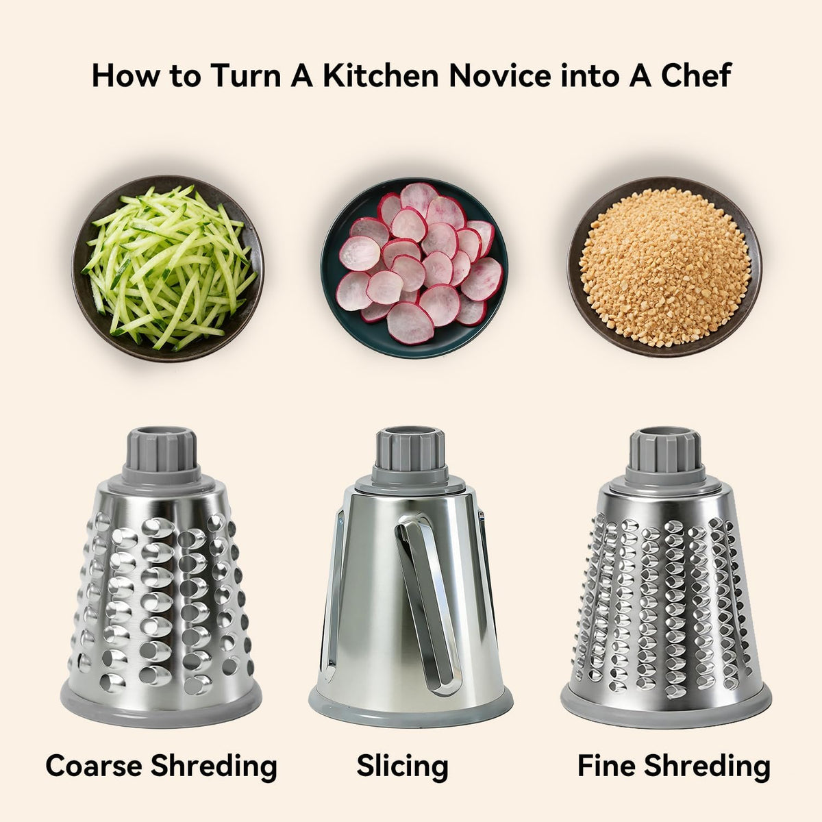 Rotary Cheese Grater Shredder Slicer - 3-in-1 Handheld Crank with Food Pusher for Hard Cheese, Vegetables, Chocolate - Ergonomic Hand Crank, Dishwasher Safe Gray Cyan
