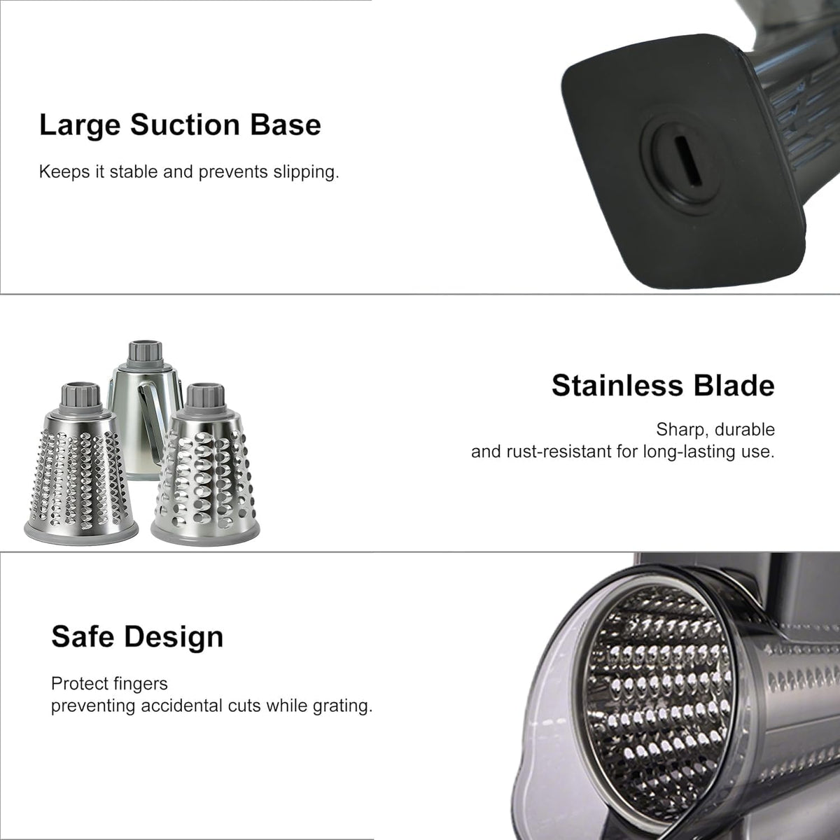 Rotary Cheese Grater Shredder Slicer - 3-in-1 Handheld Crank with Food Pusher for Hard Cheese, Vegetables, Chocolate - Ergonomic Hand Crank, Dishwasher Safe Gray Cyan