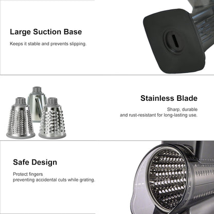 Rotary Cheese Grater Shredder Slicer - 3-in-1 Handheld Crank with Food Pusher for Hard Cheese, Vegetables, Chocolate - Ergonomic Hand Crank, Dishwasher Safe Gray Cyan