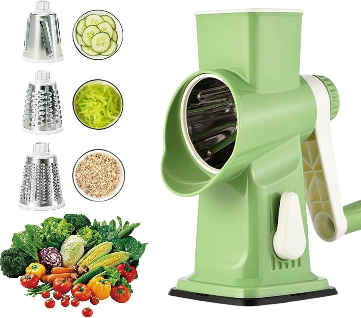 Rotary Cheese Grater Shredder Slicer - 3-in-1 Handheld Crank with Food Pusher for Hard Cheese, Vegetables, Chocolate - Ergonomic Hand Crank, Dishwasher Safe Gray Cyan