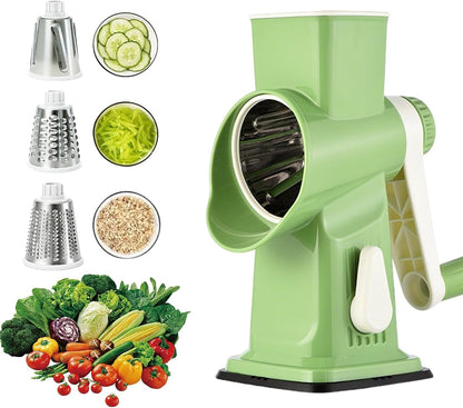 Rotary Cheese Grater Shredder Slicer - 3-in-1 Handheld Crank with Food Pusher for Hard Cheese, Vegetables, Chocolate - Ergonomic Hand Crank, Dishwasher Safe Gray Cyan