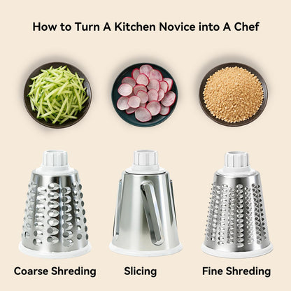 Rotary Cheese Grater Shredder Slicer - 3-in-1 Handheld Crank with Food Pusher for Hard Cheese, Vegetables, Chocolate - Ergonomic Hand Crank, Dishwasher Safe Gray Cyan