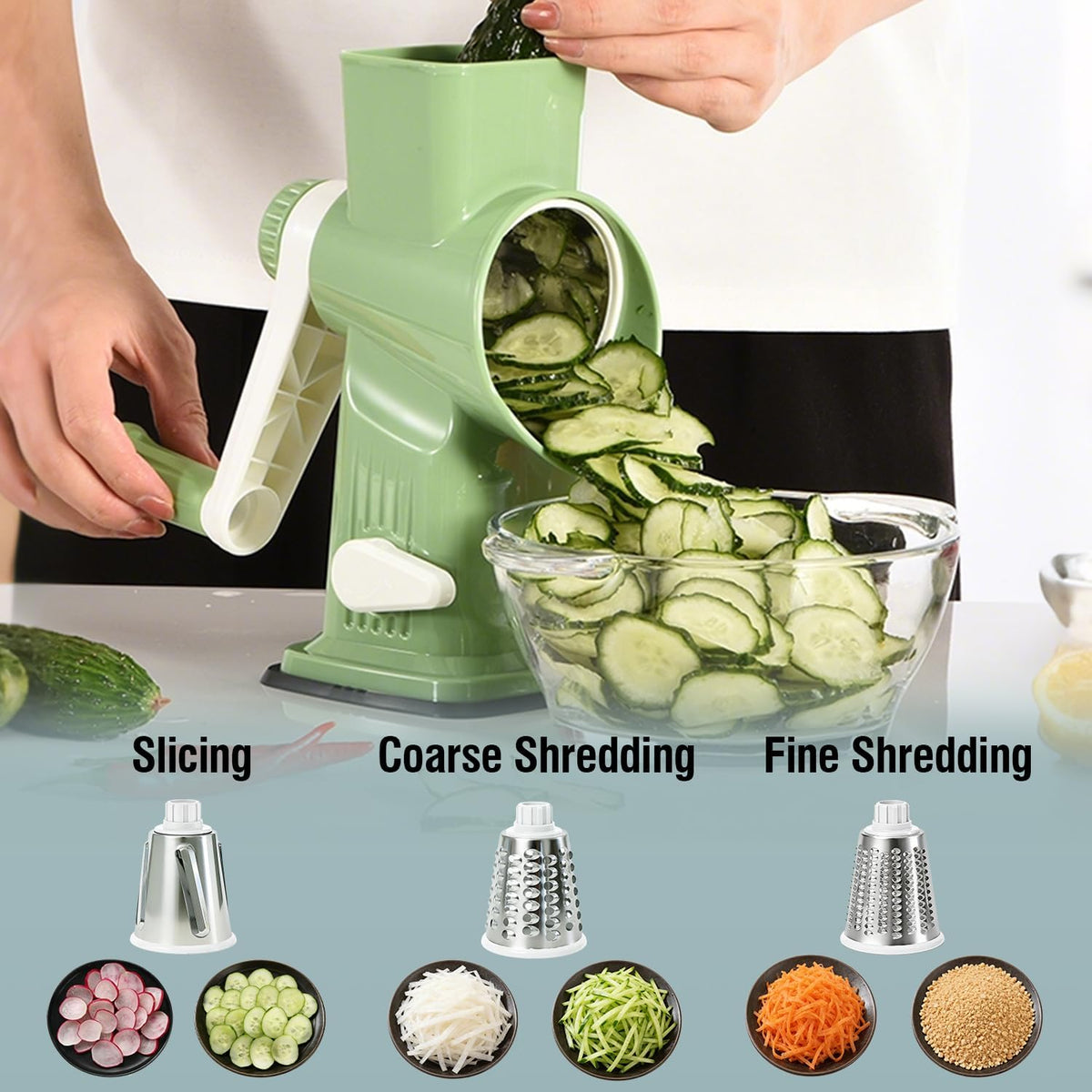 Rotary Cheese Grater Shredder Slicer - 3-in-1 Handheld Crank with Food Pusher for Hard Cheese, Vegetables, Chocolate - Ergonomic Hand Crank, Dishwasher Safe Gray Cyan