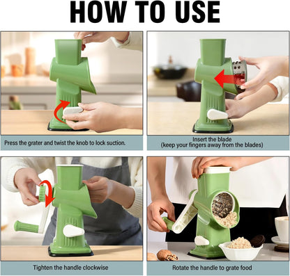 Rotary Cheese Grater Shredder Slicer - 3-in-1 Handheld Crank with Food Pusher for Hard Cheese, Vegetables, Chocolate - Ergonomic Hand Crank, Dishwasher Safe Gray Cyan