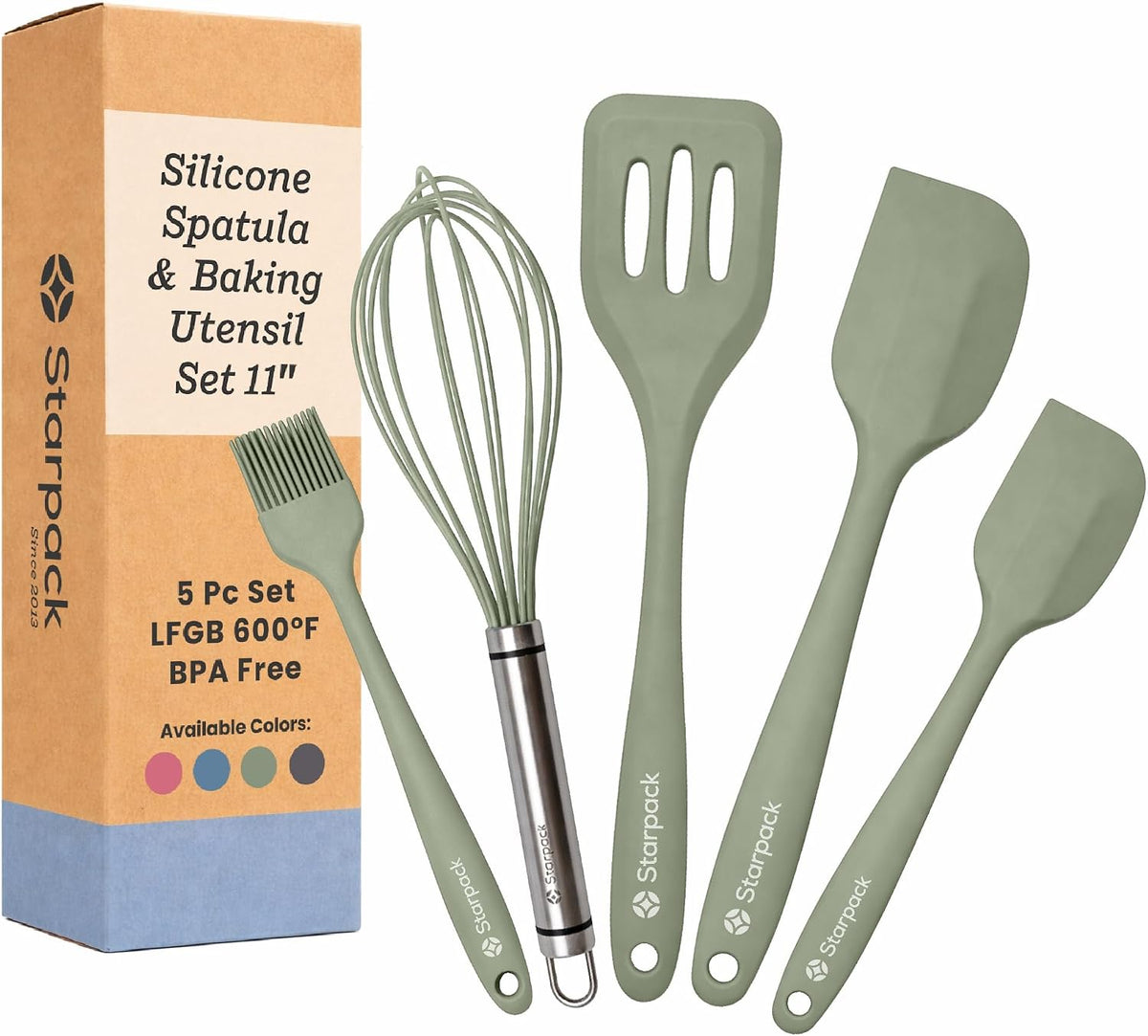 Starpack Flip and Whip Silicone Baking Utensils Set (5-Piece) - LFGB Non Toxic, 600°F Heat Resistant, BPA-Free - Whisk and Rubber Spatula Set with Pastry Brush - Dishwasher Safe, Nonstick Sage Green