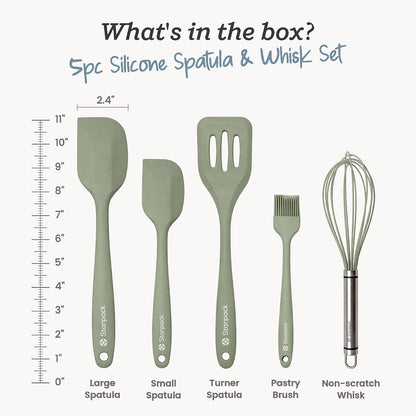 Starpack Flip and Whip Silicone Baking Utensils Set (5-Piece) - LFGB Non Toxic, 600°F Heat Resistant, BPA-Free - Whisk and Rubber Spatula Set with Pastry Brush - Dishwasher Safe, Nonstick Sage Green