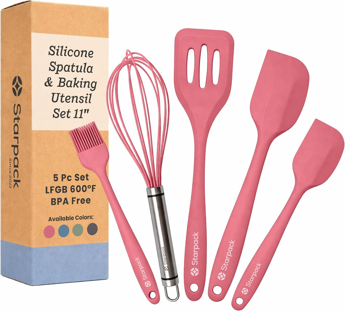 Starpack Flip and Whip Silicone Baking Utensils Set (5-Piece) - LFGB Non Toxic, 600°F Heat Resistant, BPA-Free - Whisk and Rubber Spatula Set with Pastry Brush - Dishwasher Safe, Nonstick Sage Green