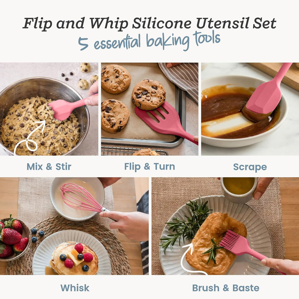 Starpack Flip and Whip Silicone Baking Utensils Set (5-Piece) - LFGB Non Toxic, 600°F Heat Resistant, BPA-Free - Whisk and Rubber Spatula Set with Pastry Brush - Dishwasher Safe, Nonstick Sage Green