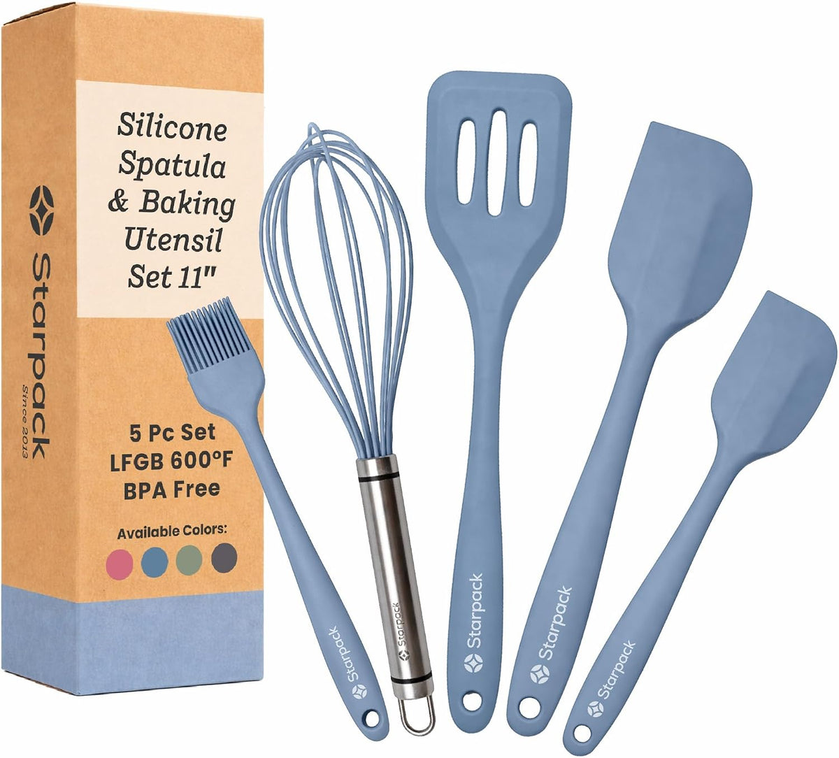 Starpack Flip and Whip Silicone Baking Utensils Set (5-Piece) - LFGB Non Toxic, 600°F Heat Resistant, BPA-Free - Whisk and Rubber Spatula Set with Pastry Brush - Dishwasher Safe, Nonstick Sage Green