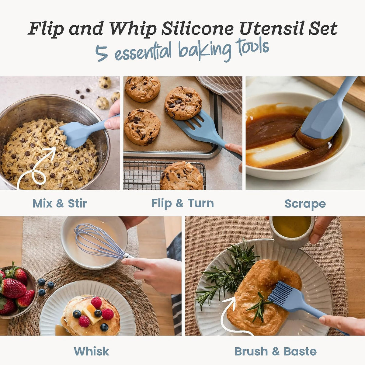 Starpack Flip and Whip Silicone Baking Utensils Set (5-Piece) - LFGB Non Toxic, 600°F Heat Resistant, BPA-Free - Whisk and Rubber Spatula Set with Pastry Brush - Dishwasher Safe, Nonstick Sage Green