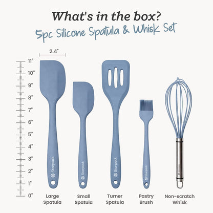 Starpack Flip and Whip Silicone Baking Utensils Set (5-Piece) - LFGB Non Toxic, 600°F Heat Resistant, BPA-Free - Whisk and Rubber Spatula Set with Pastry Brush - Dishwasher Safe, Nonstick Sage Green