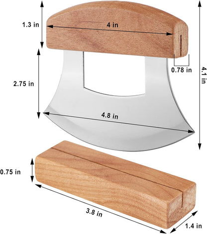 2 Pack 4 x 5 Inch Mezzaluna Ulu Knife Salad Veggies Rocker Chopper Slicer Cutter Mezzaluna Knife with Wooden Display Stand for Kitchen Cutting Chopping Knives Chef Cleaver Arthritic Tool