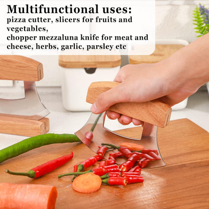 2 Pack 4 x 5 Inch Mezzaluna Ulu Knife Salad Veggies Rocker Chopper Slicer Cutter Mezzaluna Knife with Wooden Display Stand for Kitchen Cutting Chopping Knives Chef Cleaver Arthritic Tool