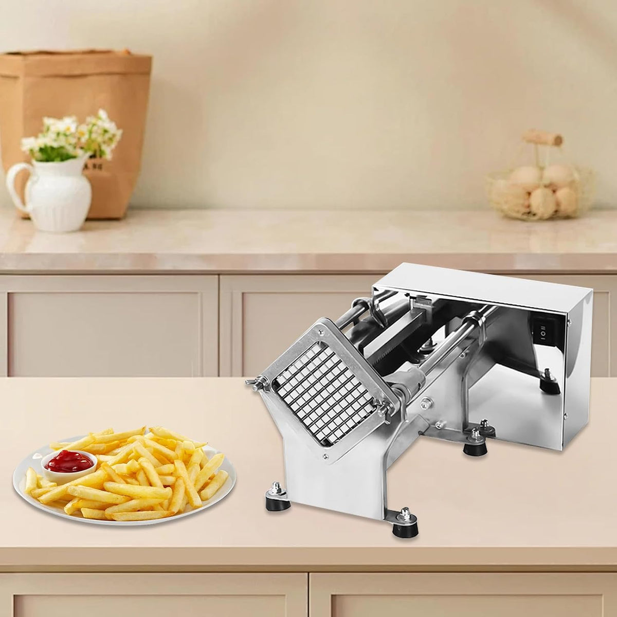 Electric French Fry Cutter Automatic Potato Chip Cutter Commercial French Fries Chips Maker Stainless Steel Electric Potato Slicer with 6mm 9mm 13mm Blade