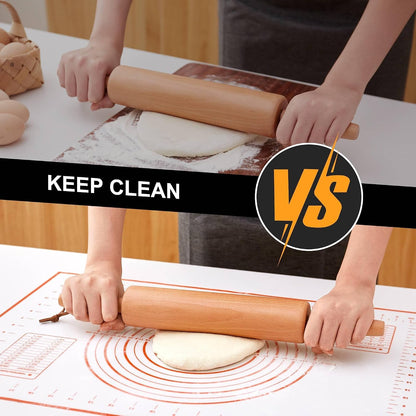Classic Wood Rolling Pin - Wooden Rolling Pins for Baking Silicone Mat Set, Dough Roller with Wood Base, Fondant Roller for Pie Crust Cookies Pizza Dough and Bread, 17 Inch